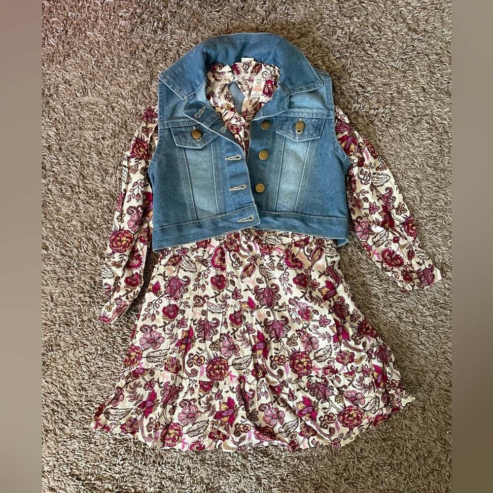Kids Floral Dress with Blue Denim Vest
